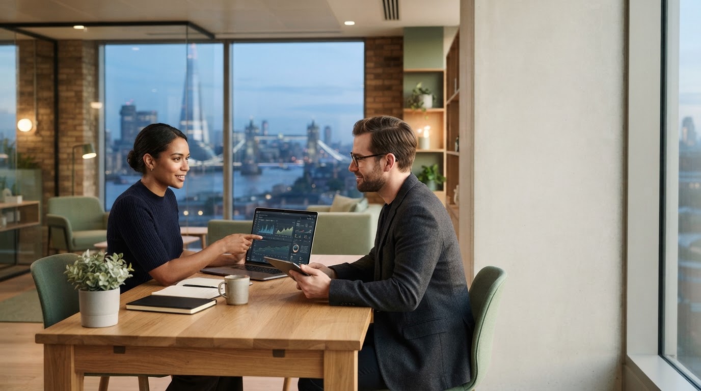 Draxorith user reviewing cash flow data in a modern, naturally lit office